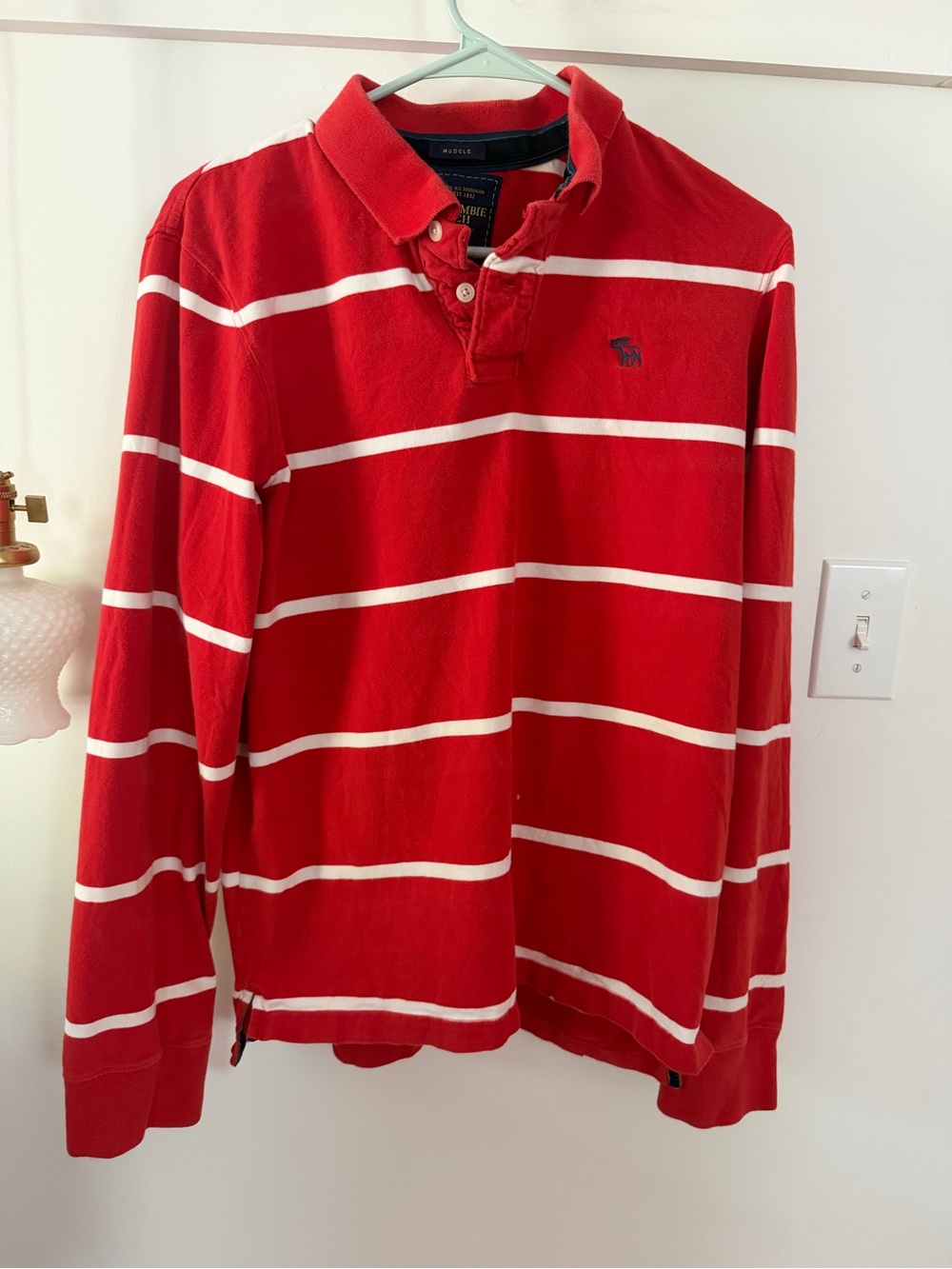Abercrombie & Fitch Red and White Striped Long-Sleeve Rugby Polo
